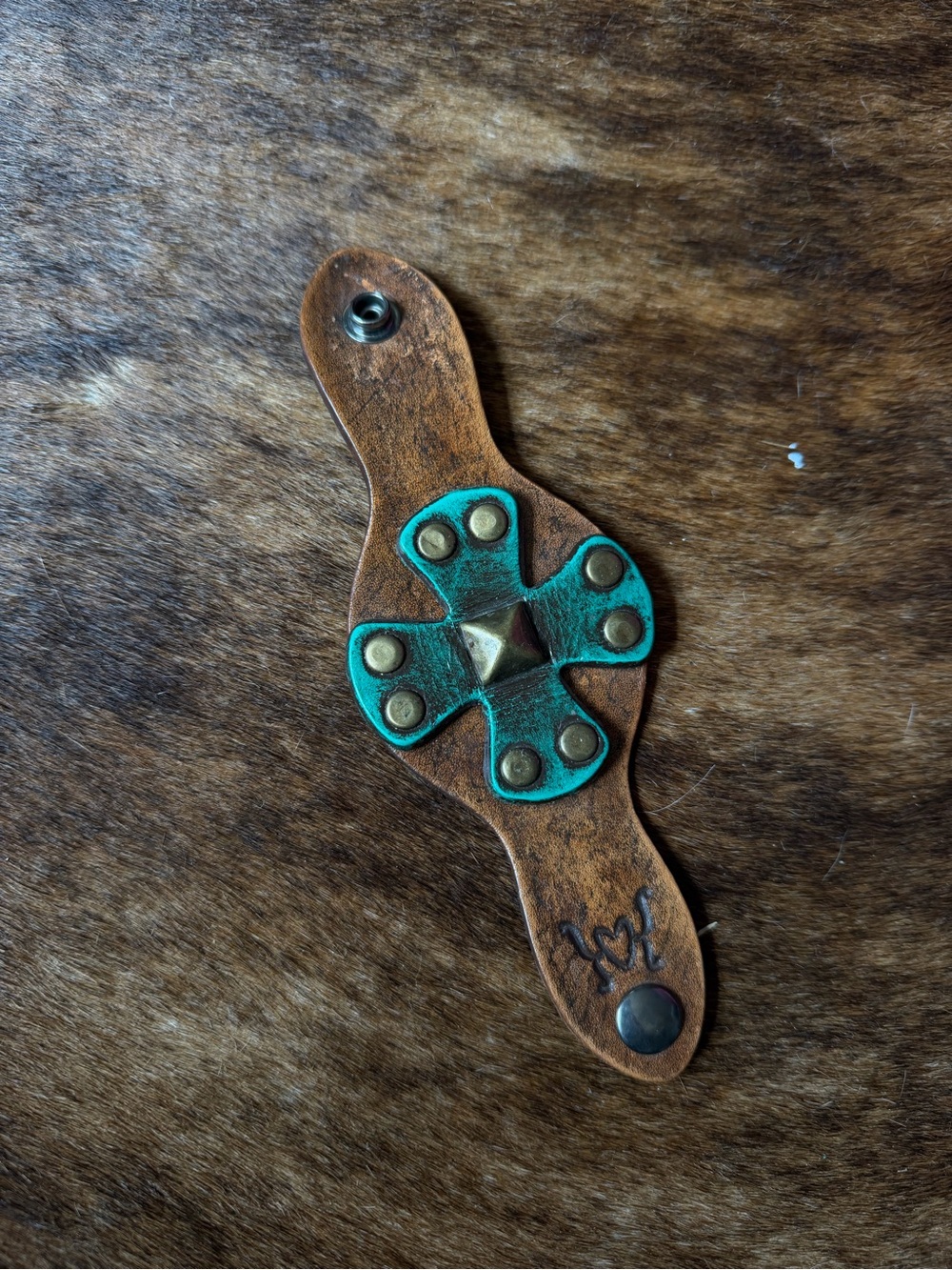 Karen Kell Handcrafted Brown Leather Cuff with Turquoise Patina Cross